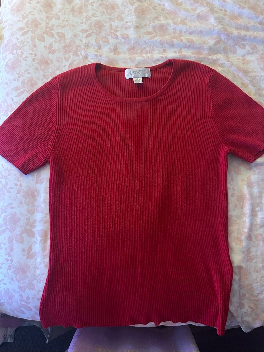Red Ribbed Short Sleeve Sweater